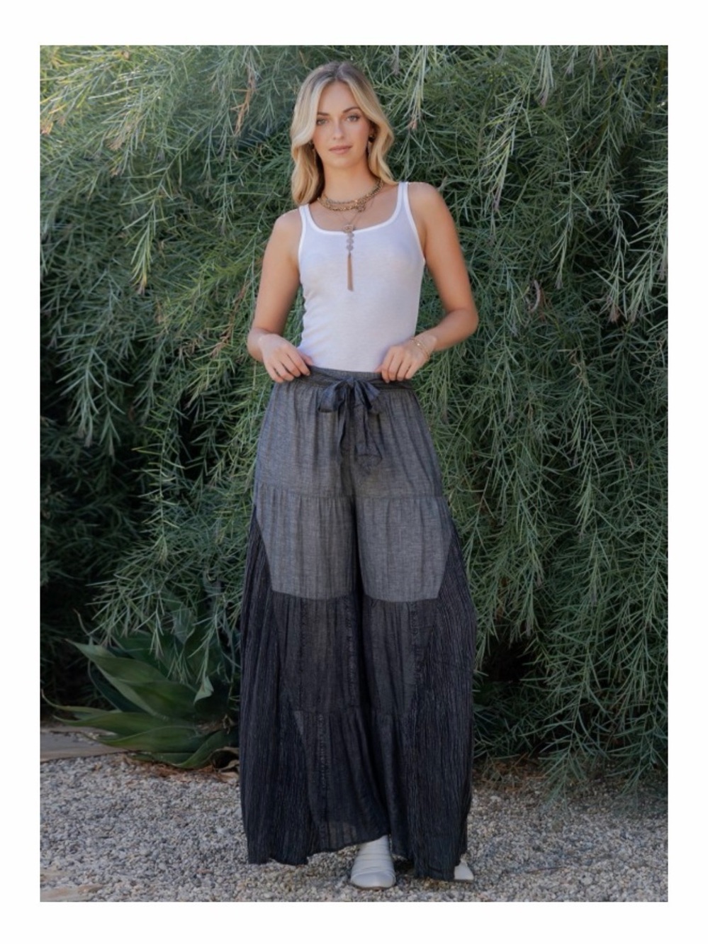 Young Threads Grey & Black Patchwork Tiered Wide Leg Palazzo Pants XL NWT